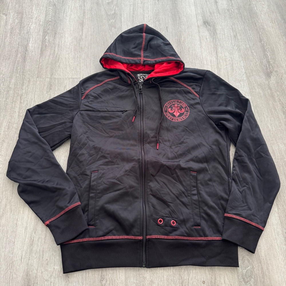 Affliction Sport Performance Zip Up Hoodie Mens Medium Black Red MMA Y2K Gym